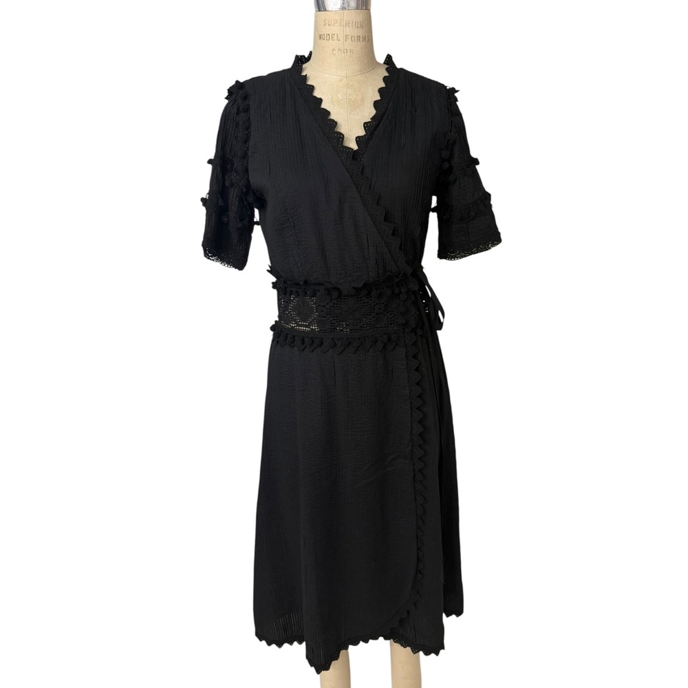 NEW Place Nationale Wrap Dress Womens L Black Eyelet Lace Pom Pom Trim Midi